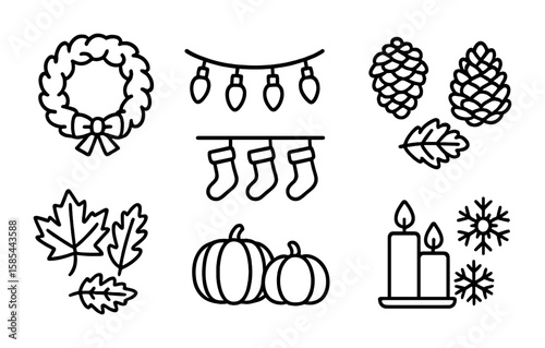 Seasonal Mantel Icons Set. Outline icon set of seasonal mantel decorations: holiday wreath, string lights,