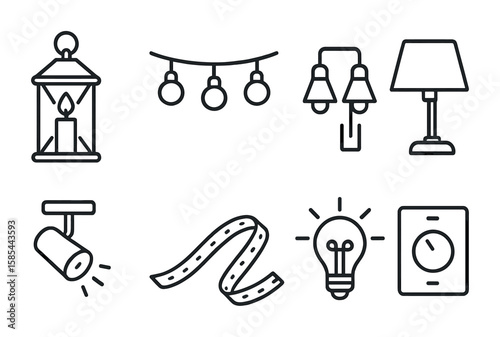 Modern Lighting Icons. Outline icon set of mantel lighting options: candle lantern, fairy lights, wall sconces