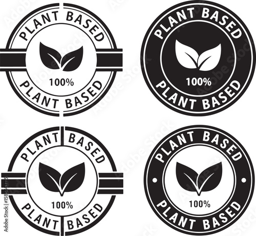 Plant based leaf emblems logo symbol, plant based, leaf, emblem, logo, symbol, stamp, vegan, vegetarian, organic, natural, healthy, food, product, certification, seal, graphic, design, black and white