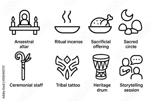 Ritual Celebration Icons. Outline icon set of traditional ritual celebrations: ancestral altar, ritual incense