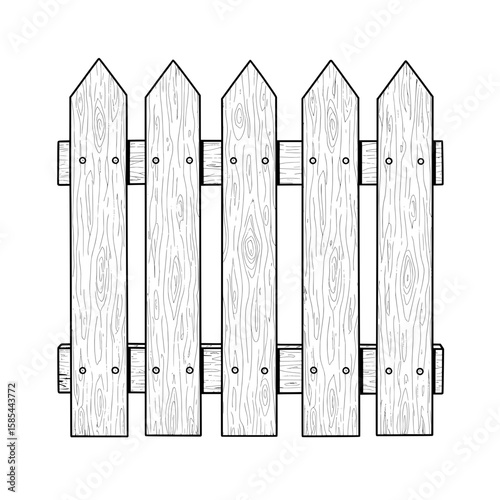 Graphic drawing with a wooden fence on white background. Sharp pointed tops on fence planks