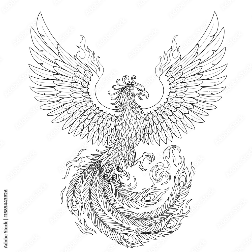 Obraz premium Firebird detailed phoenix design with spread wings and flames in black and white illustration