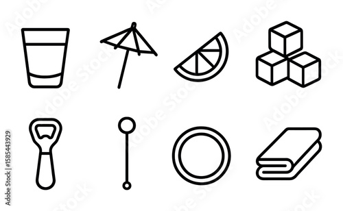 Bar Service Icons. Outline icon set of bar service tray: shot glass, cocktail umbrella, lime wedge, ice cubes,
