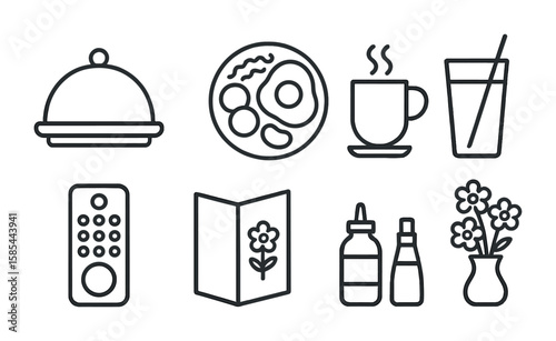 Room Service Icons. Outline icon set of room service tray: hotel tray, breakfast plate, coffee cup, juice