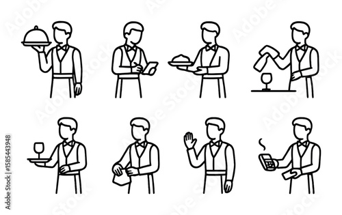 Waiter Task Icons. Outline icon set of waiter movements and tasks: carrying tray, taking order, serving dish,