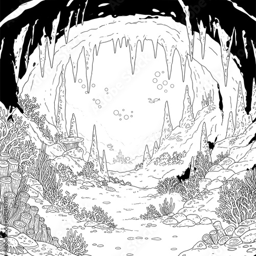 Underwater cave illustration with dripping rocks, coral, fish, & bubbles in black and white