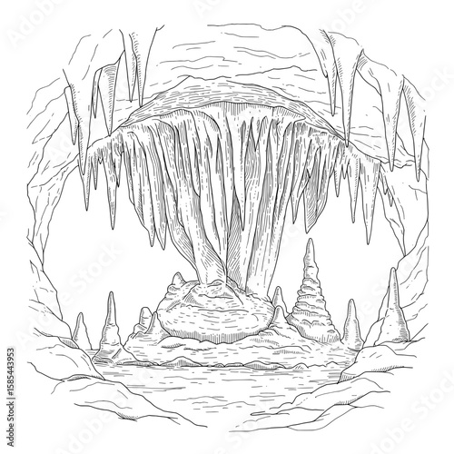 Detailed black & white sketch of a cave interior with stalactites and stalagmites