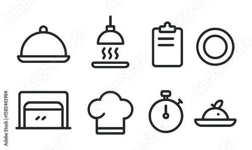 Kitchen Icon Set. Outline icon set of kitchen to table delivery: food cover, heat lamp, order ticket, serving
