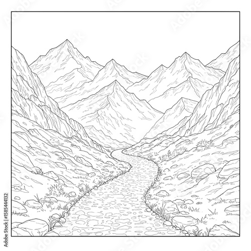Black and white line art of high mountain range with a stream running through a valley