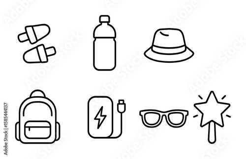 Concert Essentials Icons. Outline icon set of concert accessories: ear plugs, water bottle, festival hat,