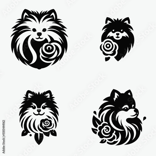 A Pomeranian Dog with rose. Rose Valentine Clipart Line Art Vector Illustration Love Heart Romance. Small canine pet holding bloom cheerful fluffy spitz flower.