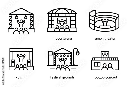 Concert Venue Icons. Outline icon set of concert venue types: open-air stage, indoor arena, amphitheater, club