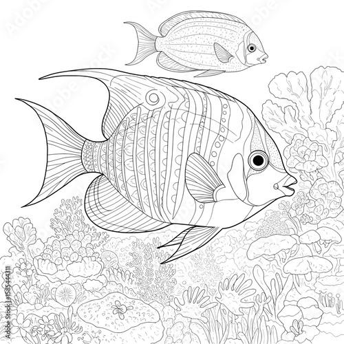 Ocean Friends Detailed black and white illustration of tropical fish near some coral reefs