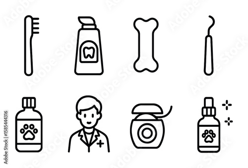 Pet Dental Care Icons. Outline icon set of pet dental care: toothbrush, toothpaste, dental chew, plaque