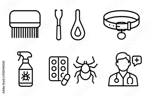 Pet Protection Icons. Outline icon set of flea and tick prevention: flea comb, tick remover, spot-on treatment