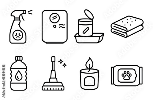 Pet Odor Control Icons. Outline icon set of pet odor control: deodorizing spray, air purifier, litter
