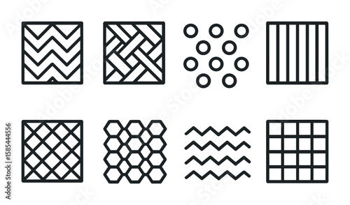 Geometric Pattern Icons. Outline icon set of geometric patterns: chevron, herringbone, polka dots, stripes,