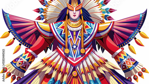 Modern powwow jingle dress with metallic cones, vibrant fabrics, and dance-ready accessories, radiates beauty and movement for a rhythmic, elegant vector.