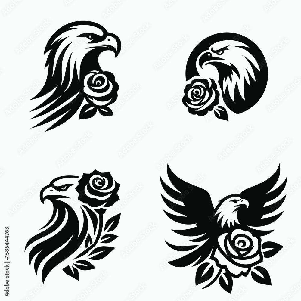 Fototapeta premium A Bald Eagle with rose. Rose Valentine Clipart Line Art Vector Illustration Love Heart Romance. North american bird bloom patriotic wildlife nature theme fauna avifauna.