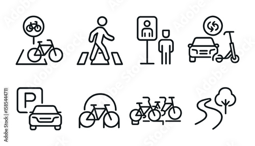 Sustainable Mobility Icons. Outline icon set of sustainable urban mobility: bike lane, pedestrian crossing,