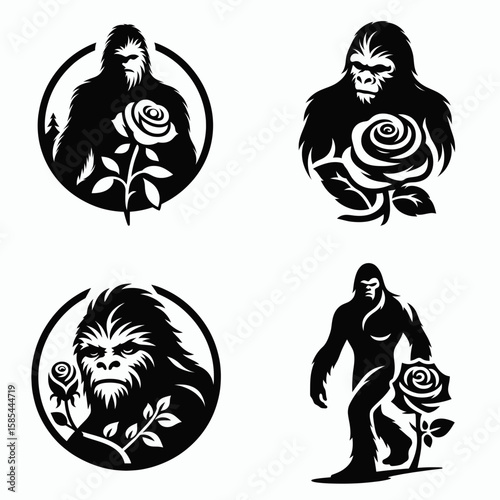 A Bigfoot with rose. Rose Valentine Clipart Line Art Vector Illustration Love Heart Romance. Large hairy hominid holding bloom cryptid creature flower.