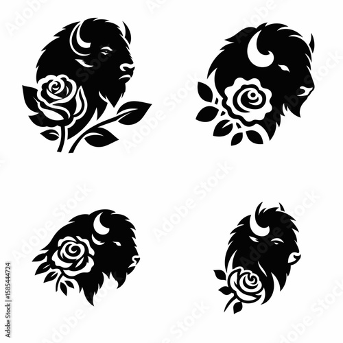 A Bison with rose. Rose Valentine Clipart Line Art Vector Illustration Love Heart Romance. Big buffalo floral decoration bloom grassland bull adornment.