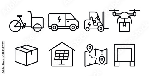 Eco Logistics Icons. Outline icon set of eco-friendly logistics: cargo bike, electric delivery van, drone