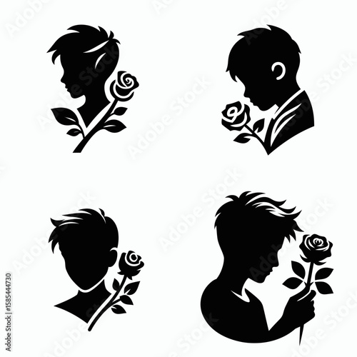 A black boy with rose. Rose Valentine Clipart Line Art Vector Illustration Love Heart Romance. Young african american male holding bloom gift of and friendship.