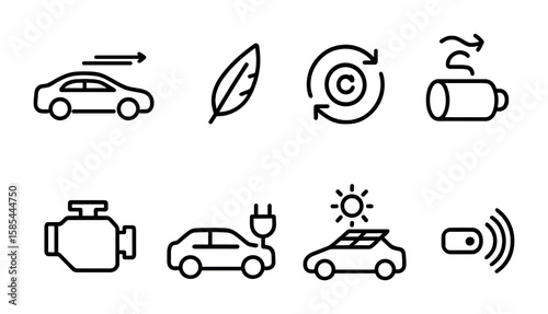 Green Vehicle Technology Icons. Outline icon set of green vehicle technologies: aerodynamic design,