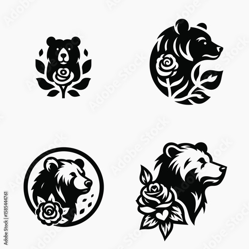 A Bear with rose. Rose Valentine Clipart Line Art Vector Illustration Love Heart Romance. Plush animal holding bloom flower gift illustration fauna flora.