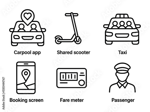 Mobility Service Icons. Outline icon set of ride-sharing and mobility services: carpool app, shared scooter,