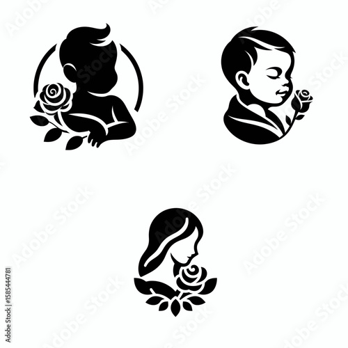 A baby with rose. Rose Valentine Clipart Line Art Vector Illustration Love Heart Romance. Infant holding blossom kid enjoys bloom child near flora newborn flower.