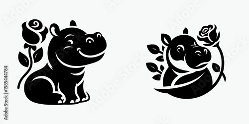 A baby hippo with rose. Rose Valentine Clipart Line Art Vector Illustration Love Heart Romance. Little river horse bloom cute young pachyderm enjoying plant life.