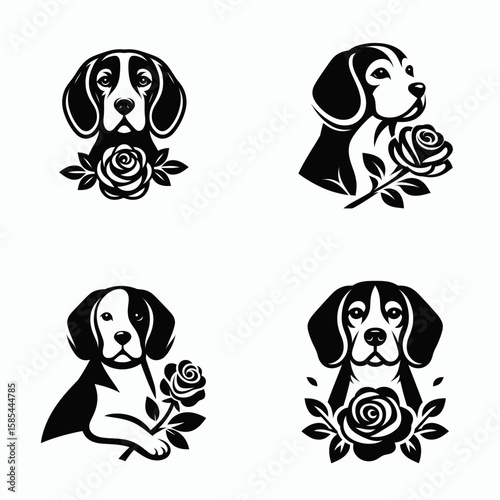 A Beagle Dog with rose. Rose Valentine Clipart Line Art Vector Illustration Love Heart Romance. Hound breed holding bloom canine pet flora small flower.