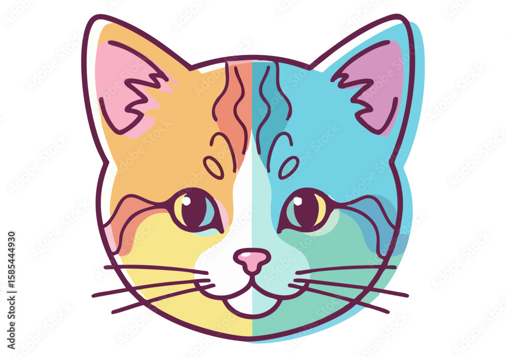 Fototapeta premium Colorful cat face illustration, cute pet, playful design, isolated on white background