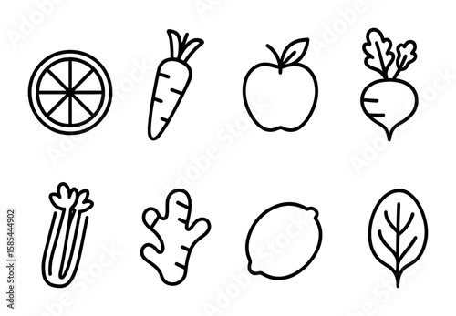 Juice Ingredient Icons. Outline icon set of fresh juice ingredients: orange, carrot, apple, beetroot, celery,