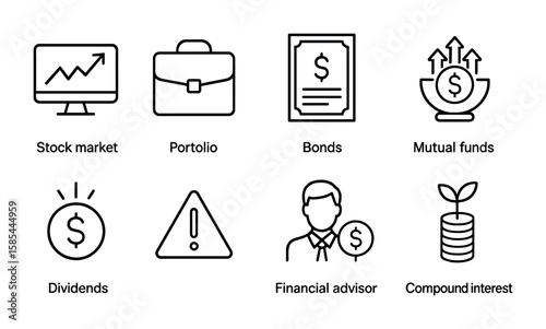 Investment Icon Set. Outline icon set of investment concepts: stock market, portfolio, bonds, mutual funds,