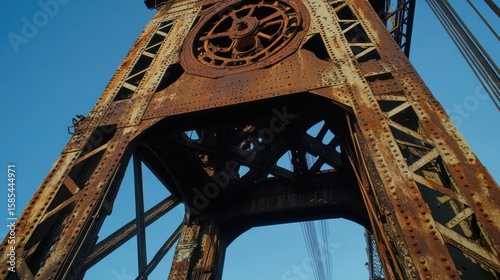 Rusty metal bridge support against a clear blue sky