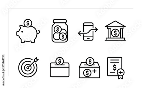 Saving Strategy Icons. Outline icon set of saving strategies: piggy bank, jar with coins, automatic transfer,