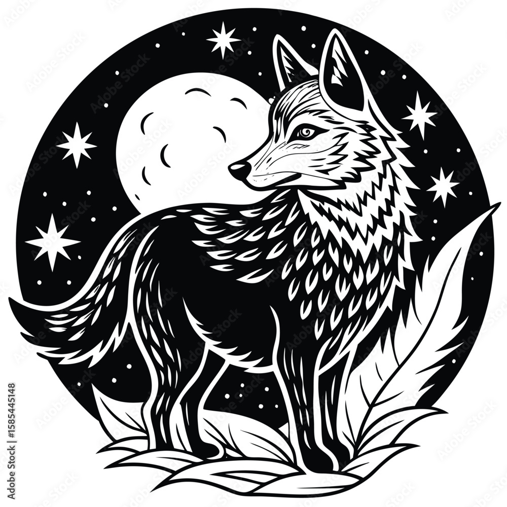 Fototapeta premium Howling Wolf Underneath an Ethereal Full Moon in a Night Forest