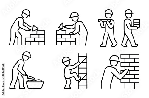 Bricklayer Posture Icons. Outline icon set of bricklayer’s body postures: laying bricks, spreading mortar,