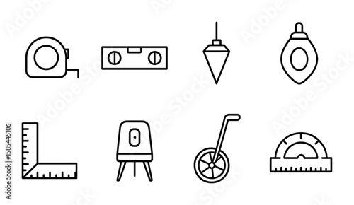 Masonry Precision Tools. Outline icon set of masonry measurements and precision: tape measure, spirit level,
