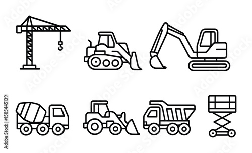 Construction Machinery Icons. Outline icon set of heavy machinery on site: crane, bulldozer, excavator,