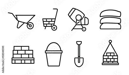 Bricklaying Tools Icons. Outline icon set of bricklaying materials handling: wheelbarrow, brick cart, mortar