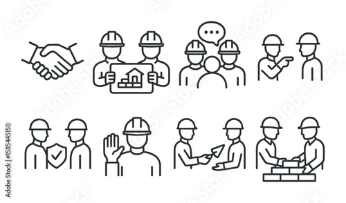 Bricklayer Teamwork Icons. Outline icon set of bricklayer’s teamwork: handshake, blueprint sharing, group