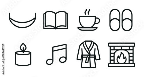 Relaxation Icon Set. Outline icon set of weekend relaxation: hammock, book, coffee cup, slippers, scented