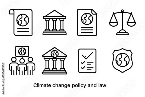 Climate Policy Icons. Outline icon set of climate change policy and law: legislation scroll, government