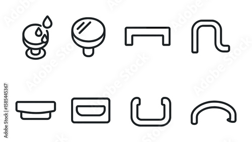 Bathroom Handle Icons. Outline icon set of bathroom drawer handles: waterproof knob, brushed brass, sleek pull