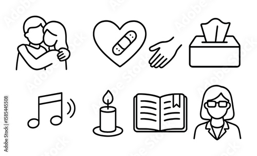 Emotional Support Icons. Outline icon set of emotional support: comforting hug, heart with bandage, helping