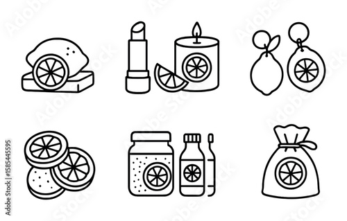 Citrus Party Favours Icons. Outline icon set of citrus party favors: lemon soap, lime lip balm, citrus candles
